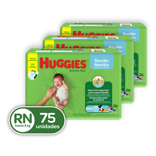 Combo Pañales Huggies Active Sec Etapa 0/RN, 75 uds