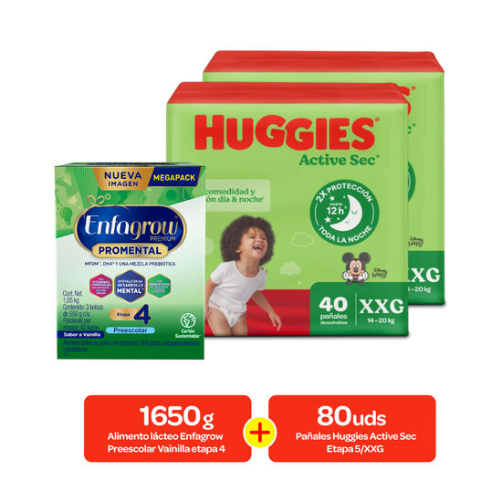 Combo Fórmula infantil Enfagrow Preescolar Vainilla etapa 4  1650g + Pañales Huggies Active Sec Etapa 5/XXG,  80 uds