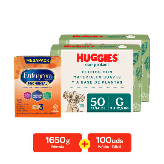 Combo Fórmula Infantil Enfagrow Premium Promental Etapa 3 1650 g + Pañales Huggies Natural Care Talla G 100 uds