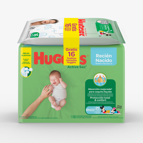Pañales Huggies Active Sec Recién Nacido, 25 uds + 16uds Toallitas húmedas