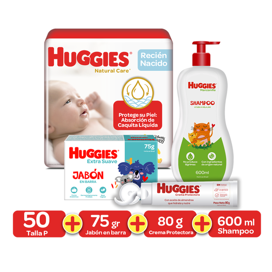 Kit de bienvenida- Pañal Recién Nacido Ps+ Crema + Jabón en barra + Shampoo Manzanilla 600ml