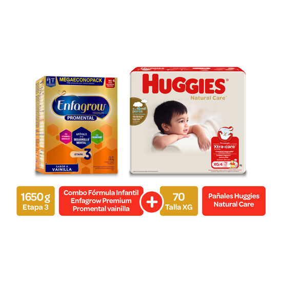 Fórmula Infantil Enfagrow Premium Promental vainilla Etapa 3 1650 g +  Pañales Huggies Natural Care Talla XG 70 uds
