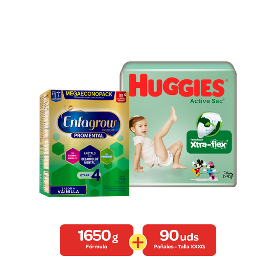 Combo Alimento lácteo Enfagrow Preescolar Vainilla etapa 4  1650g + Pañales Huggies Active Sec Etapa 6/XXXG,  90 uds
