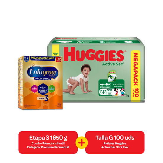 Combo Alimento lácteo Enfagrow Premium Promental Etapa 3 1650 g + Pañales Huggies Active Sec Xtra Flex Talla G 100 uds