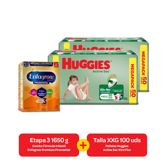 Combo Alimento lácteo Enfagrow Premium Promental Etapa 3 1650 g, Pañales Huggies Active Sec talla XXG 100 uds