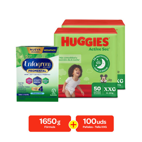 Combo Fórmula Infantil Enfagrow Preescolar Vainilla etapa 4  1650g + Pañales Huggies Active Sec Etapa 5/XXG, 100 uds