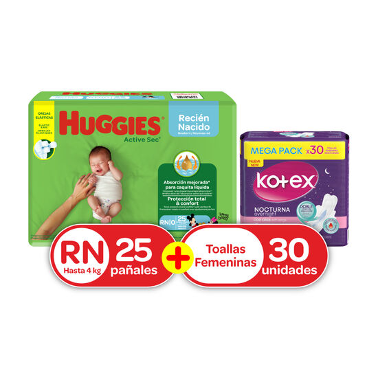Combo: Pañales Huggies Active Sec RN 25uds + Toallas Kotex Nocturna 30 uds