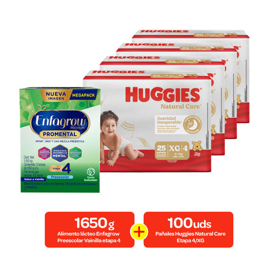 Combo Fórmula infantil Enfagrow Preescolar Vainilla etapa 4  1650g + Pañales Huggies Natural Care Etapa 4/XG,  100 uds