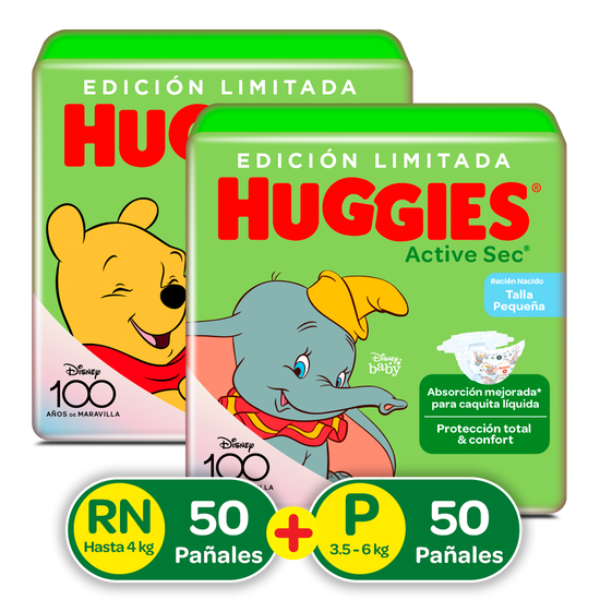 Combo Pañales Huggies Active Sec Etapa 0/RN 50 uds + Pañales Etapa 1/P, 50 uds  (Edición Limitada)