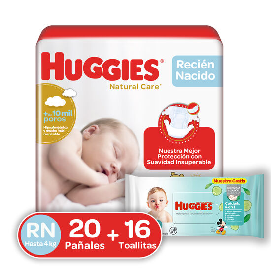 Pañales Huggies Natural Care Recién Nacido 20uds + 16 uds Toallitas húmedas