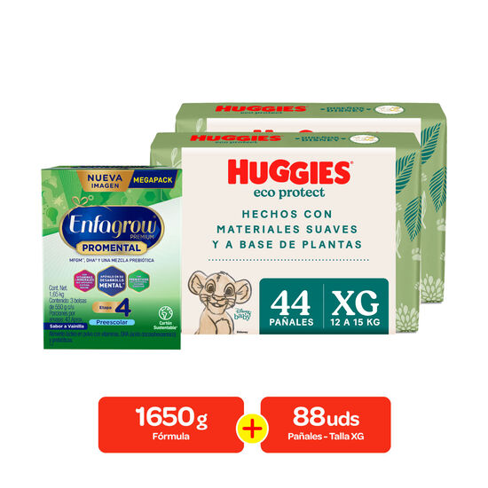 Combo Fórmula Infantil Enfagrow Preescolar Vainilla etapa 4  1650g + Pañales Huggies Eco-protect Talla XG,88 uds