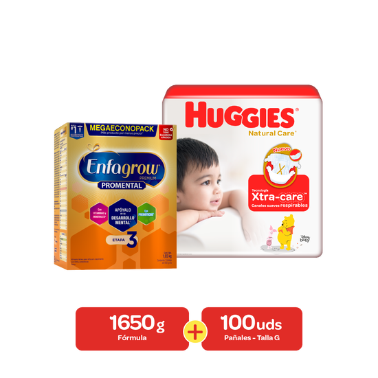 Combo Alimento lácteo Enfagrow Premium Promental Etapa 3 1650 g + Pañales Huggies Natural Care Talla G 100 uds