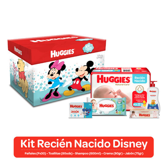 Kit Disney: Pañales Huggies Natural Care Etapa 1,30uds + Toallitas húmedas One&Done 80 uds + Crema Protectora 80g + Shampoo Extrasuave Huggies 600ml + Jabón en barra 75g + Cajita Disney